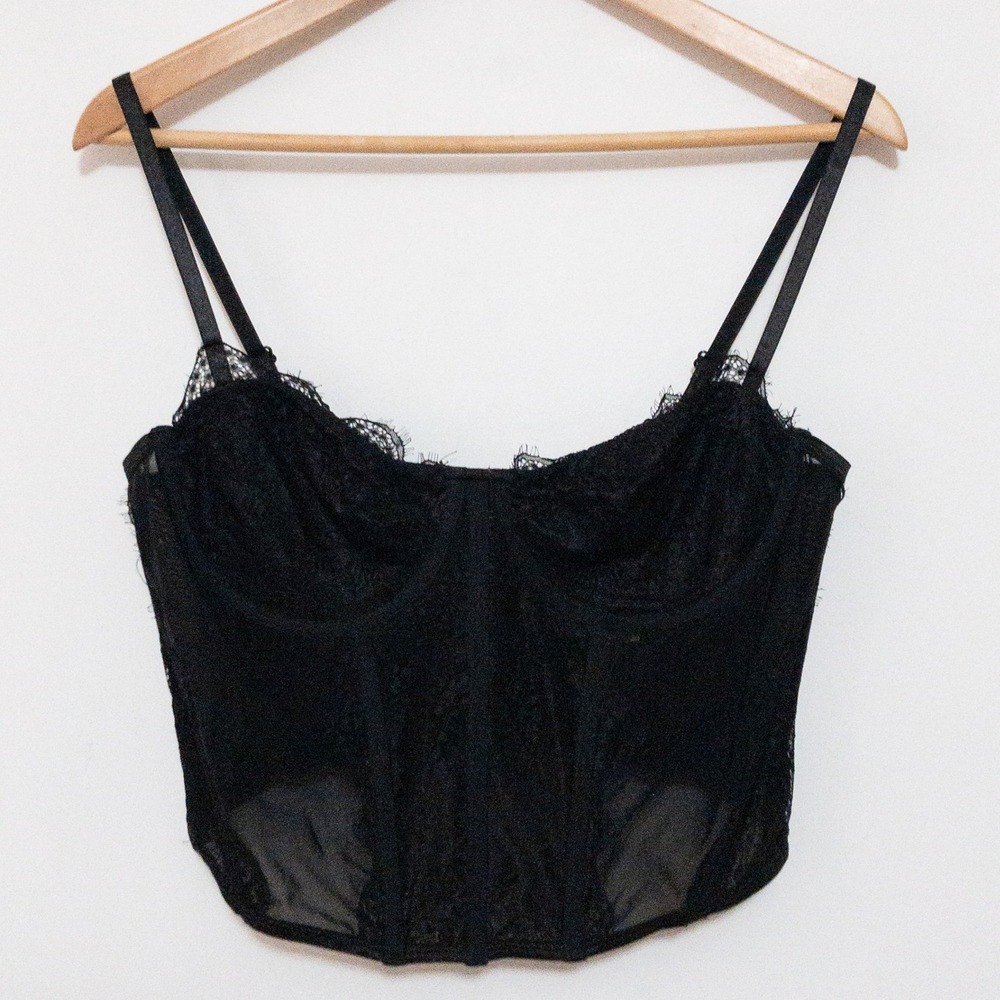 Fashion Corset Top Womens XXL Black Lace Mesh Hook and Eye Cropped Bustier